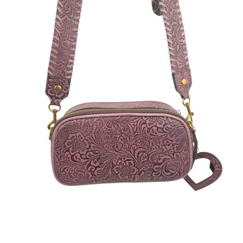 Sophia pink floral leather crossbody bag backside view. 