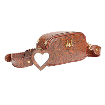 Sophia brown floral leather crossbody bag sideview. 