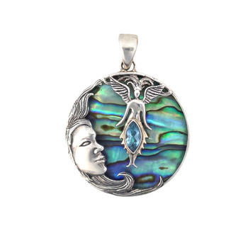 Moon and fairy pendant with paua shell and blue topaz stones. 