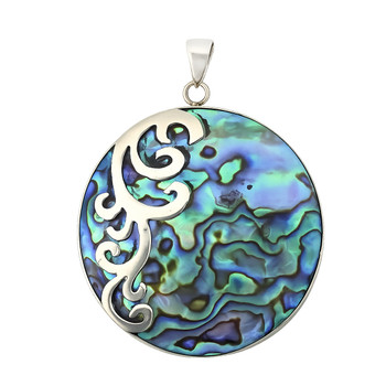 Round paua shell pendant with silver overlay design. 