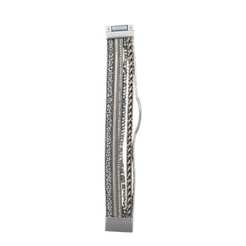 Silver gray rhinestone glitter faux leather magnetic bracelet open. 