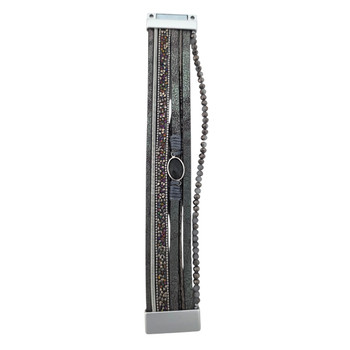 Gray and burgundy multi-strand beaded faux leather magnetic bracelet opened up.