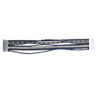 Navy blue multi-strand beaded faux leather magnetic bracelet opened up. 
