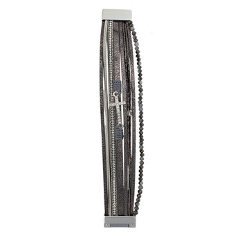 Gray faux leather rhinestone cross magnetic bracelet opened up. 