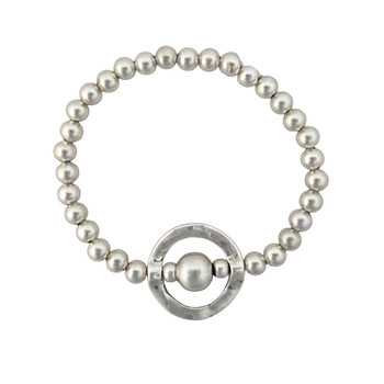 Silver beaded elastic bracelet with a hammered open-ring accent and center bead detail.