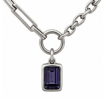 Purple rectangle crystal silver-plated necklace close-up. 