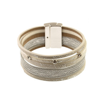 Silver and white vegan leather magnetic bracelet with crystals. 