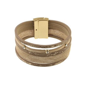 Gold and taupe leather magnetic bracelet. 