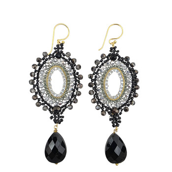 Black beaded large dangle earrings. 