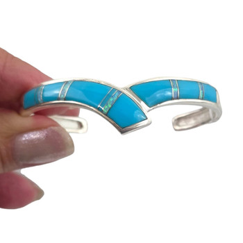 Kingman Turquoise and Opal sterling silver cuff bracelet made in the USA, with a ruler. 