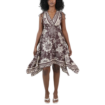 Nostalgia Clothing Shark Bite Hem Floral V-Neck Midi Dress - Coffee Brown