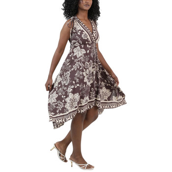 Nostalgia Clothing Shark Bite Hem Floral V-Neck Midi Dress - Coffee Brown - side view
