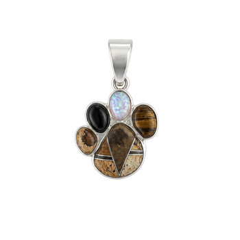 Sterling silver paw print pendant with Tiger’s Eye, Opal, black Onyx, and Picture Jasper handcrafted in New Mexico, USA.