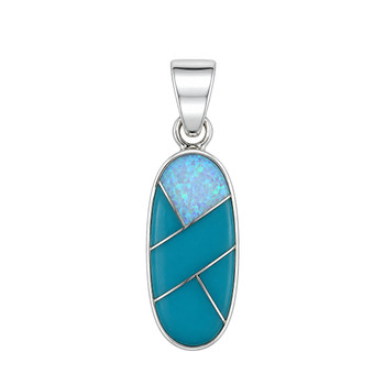 Sterling silver elongated oval pendant with Kingman turquoise and shimmering opal inlay, handcrafted in New Mexico, USA.