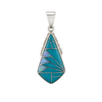 Sterling Silver kite-shaped pendant with Kingman Turquoise and Opal geometric inlay handcrafted in New Mexico, USA.