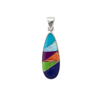 Sterling silver teardrop pendant with Turquoise, Opal, Sugilite, Spiny Oyster, Gaspeite and Lapis inlay, handcrafted in New Mexico.