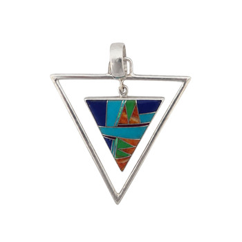 Sterling silver geometric triangle pendant with Turquoise, Lapis, Opal, Gaspeite and Spiny Oyster inlay, handcrafted in New Mexico.
