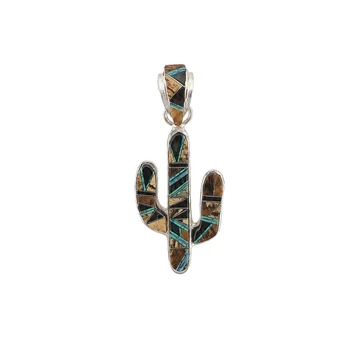 Brown multi-stone sterling silver cactus pendant. 