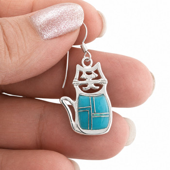 Sterling Silver Kingman Turquoise & Opal Inlay Cat Earrings in my hand – Made in USA