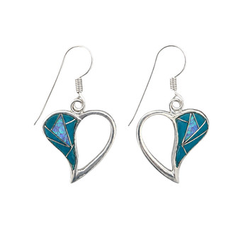 Sterling Silver Kingman Turquoise and Opal Open Heart Dangle Earrings Made in USA