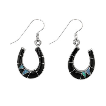 Sterling Silver Onyx & Opal Horseshoe Dangle Earrings