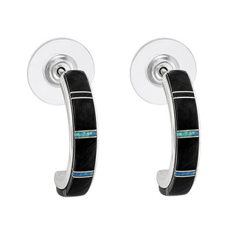 Sterling Silver Onyx & Opal Half Hoop Earrings