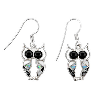 Sterling Silver White Buffalo Onyx Opal Owl Earrings