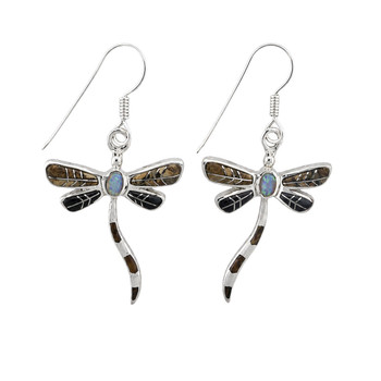 Sterling Silver Dragonfly Opal Tiger’s Eye Onyx Earrings