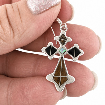 Sterling Silver Tiger’s Eye Onyx Opal Inlay Cross Earrings in my hand