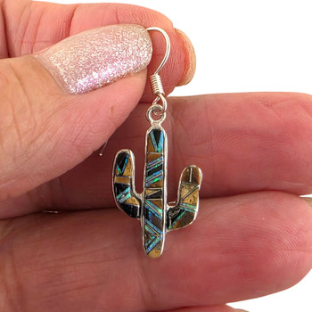 Sterling Silver Tiger’s Eye Onyx Opal Inlay Cactus Earrings in my hand