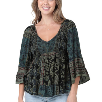 Angie Clothes - Flare Bell Sleeve Smocked Bust Floral Top 