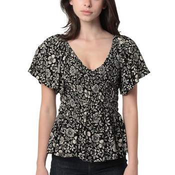 Angie Clothes - Smocked Bodice Floral Print Short Sleeve Top