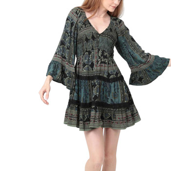 Angie Clothing Smocked Bodice V-Neck Bell Sleeve Short Dress - front view