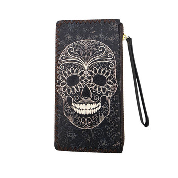 Black Sugar Skull Faux Leather Wristlet Wallet - Front View