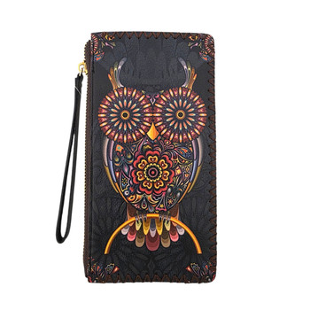 Colorful Floral Owl Faux Leather Wristlet Wallet - Front View
