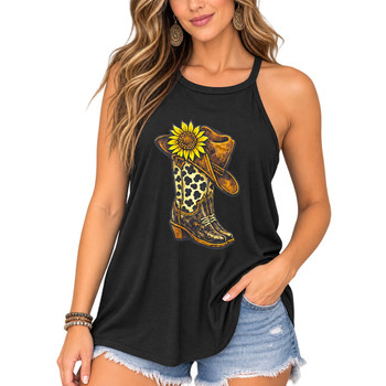 PLB Black High Neck Tank Top - Western Boot & Sunflower