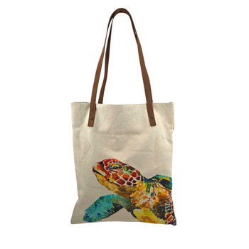 Sea Turtle Cotton Canvas Tote Bag with Faux Leather Handles front view
