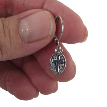 Stainless Steel Cross Dangle Earrings with Hypoallergenic Leverback Clasps in my hand