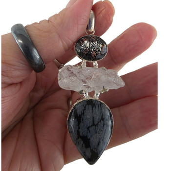 Sterling Silver Black Rutilated Quartz Raw Clear Quartz Snowflake Obsidian Pendant Back in my hand