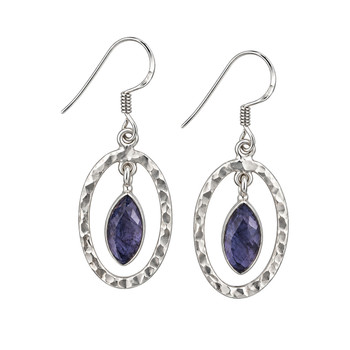Sterling Silver Iolite Marquise Hammered Oval Dangle Earrings