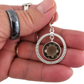 Smoky Quartz Sterling Silver Textured Circle Dangle Earrings in my hand