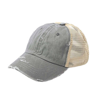 Front and side view of women's gray ponytail baseball hat featuring distressed detailing, a pre-curved bill, and contrasting tan mesh panels.