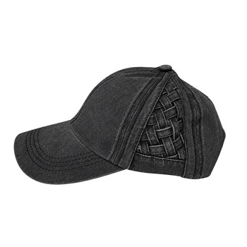 Women's charcoal grey ponytail baseball hat featuring a vintage washed finish, decorative basket-weave side panel, curved stitched bill, and paneled crown.