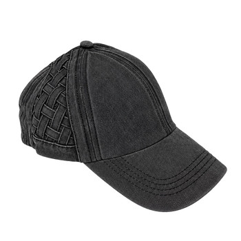 Women's washed charcoal grey baseball cap with decorative woven side detailing, classic curved bill, vintage-inspired finish, and ponytail-friendly design.