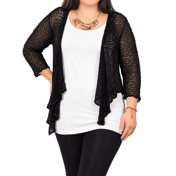 Black popcorn knit open-front shrug cardigan modeled over a white tank top, featuring a lightweight textured knit, softly draped front edges, and three-quarter-length sleeves. A versatile one-size cardigan perfect for casual outfits, dresses, and everyday layering.