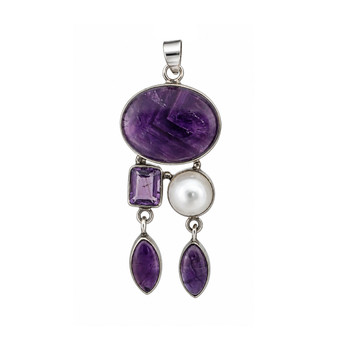 Amethyst and pearl sterling silver statement pendant featuring a large oval amethyst, faceted rectangular amethyst and two dangling marquise stones.