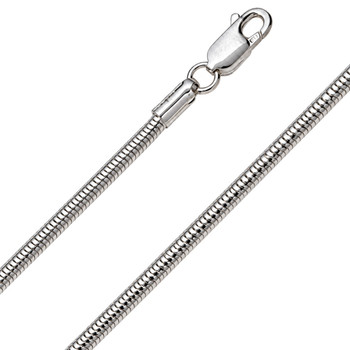 Close-up of a polished .925 sterling silver 2.4mm snake chain necklace featuring a secure 11mm lobster claw clasp and sterling silver end caps.