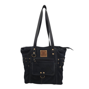 Midnight black denim tote handbag featuring a zippered patch pocket, decorative metal studs, ring accent, double shoulder straps, and Western-inspired detailing.