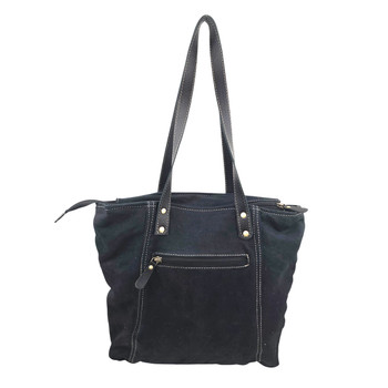 Black denim Western tote bag featuring double shoulder straps, contrasting stitching, antique brass-tone hardware, and an exterior zippered pocket.
