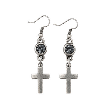 Charcoal gray crystal cross dangle earrings.